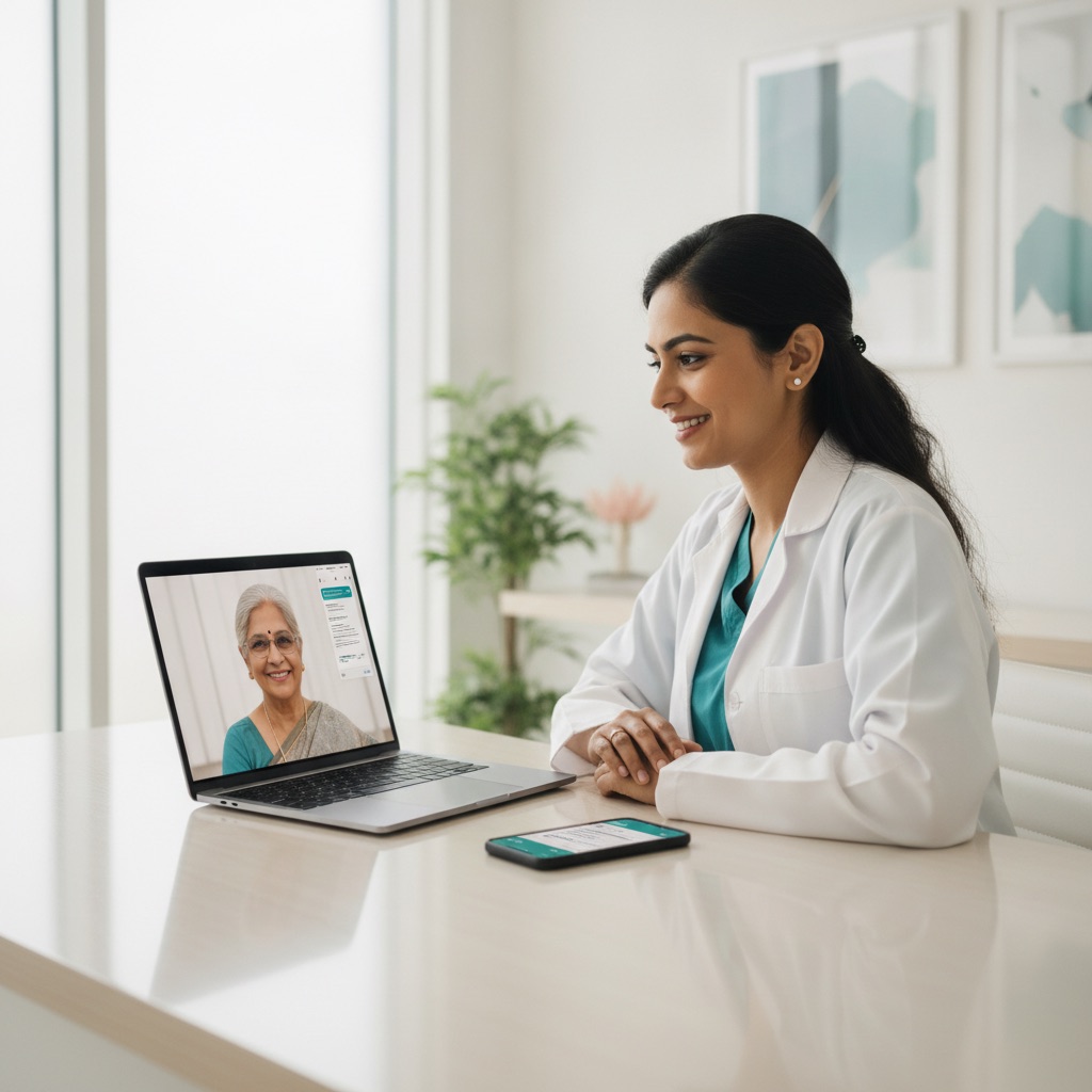 Doctor on a teleconsultation video call with an elderly patient