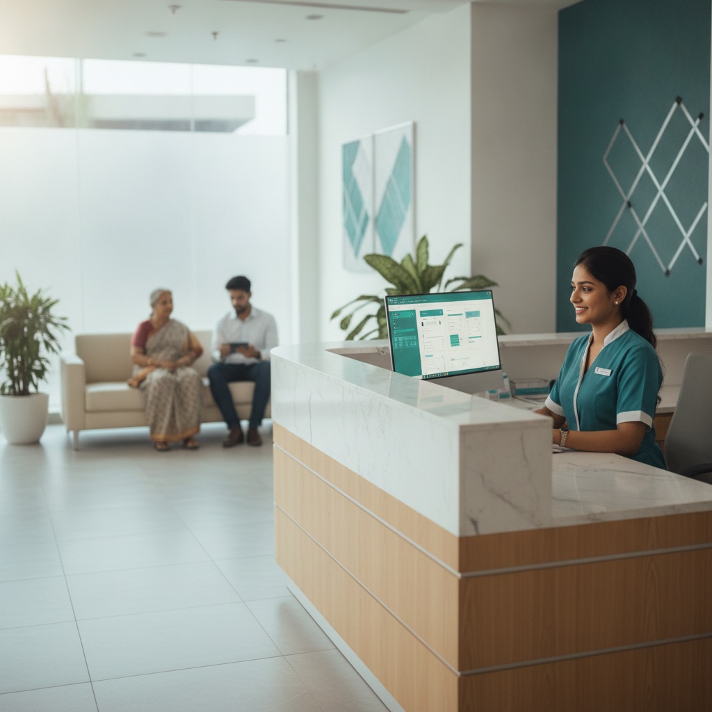 Hospital front desk team using Medplix reception software