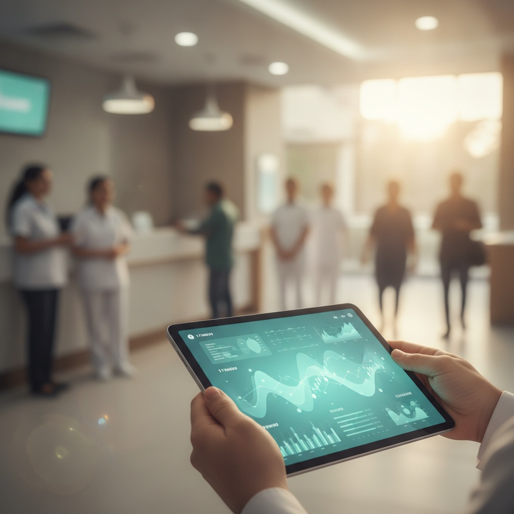 Hospital team dashboard glowing on a tablet at a modern Indian hospital reception