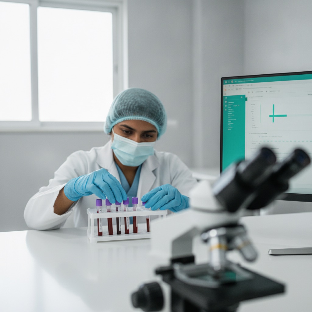 Lab technician processing samples with digital lab reports