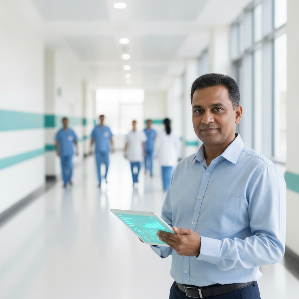 Hospital owner reviewing revenue analytics on a tablet