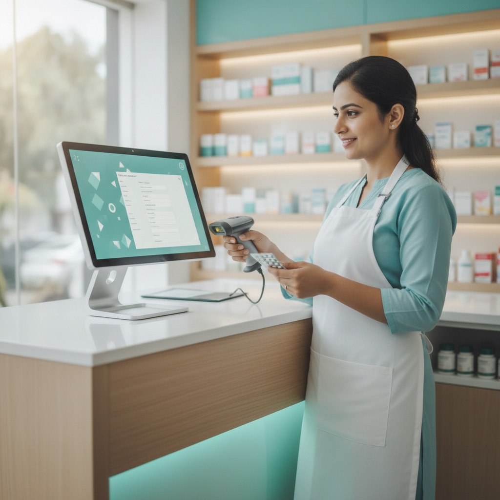 Pharmacist billing medicines on a pharmacy POS system